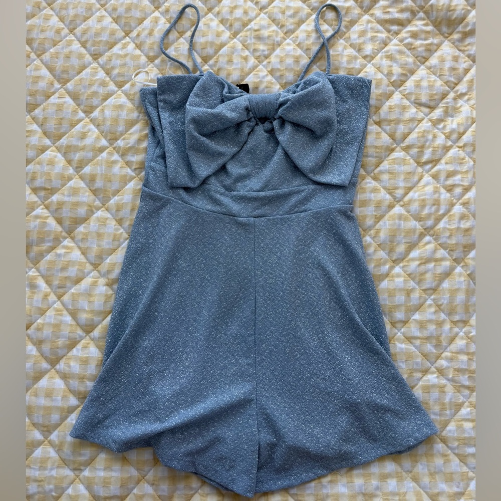 Windsor Light Blue Romper with Sparkle Detail and a bow in the front Large
